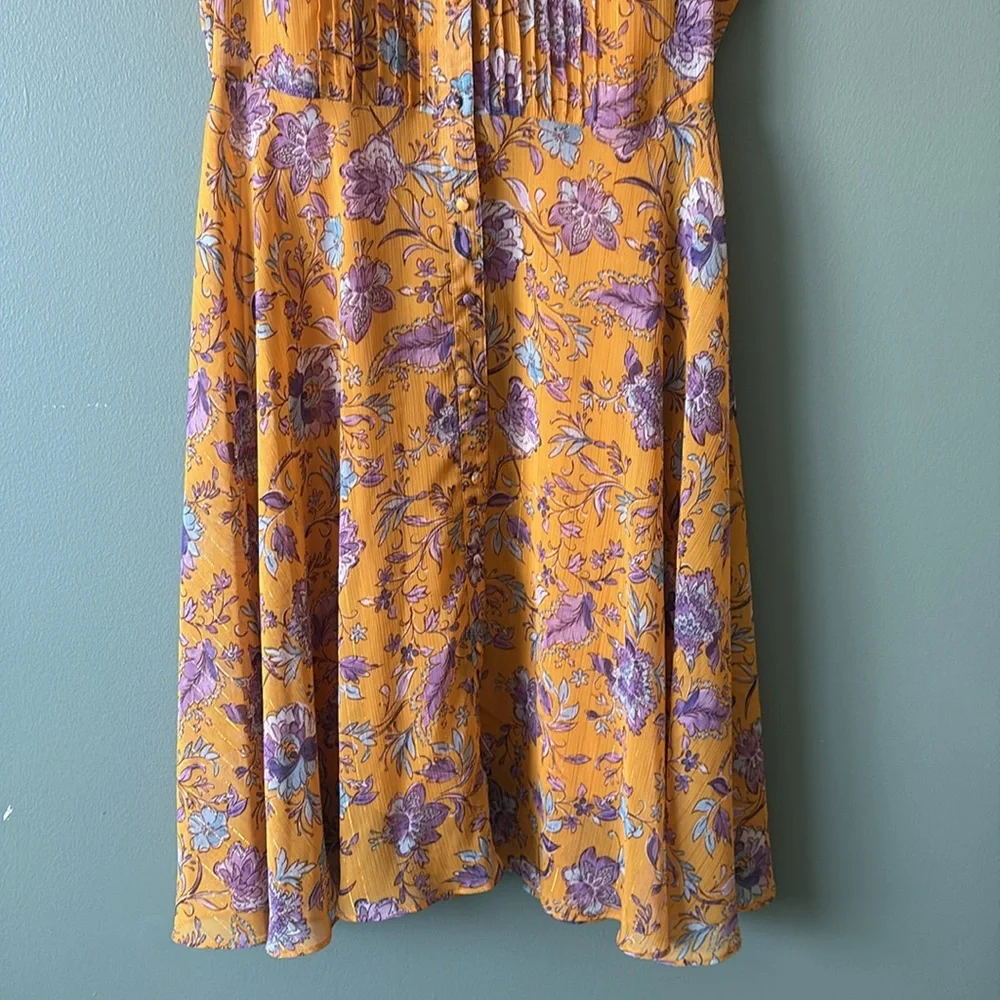 Nanette Lepore Gold Purple Floral Sheer Collared Button Down Midi Dress Sz 6 - Picture 5 of 10